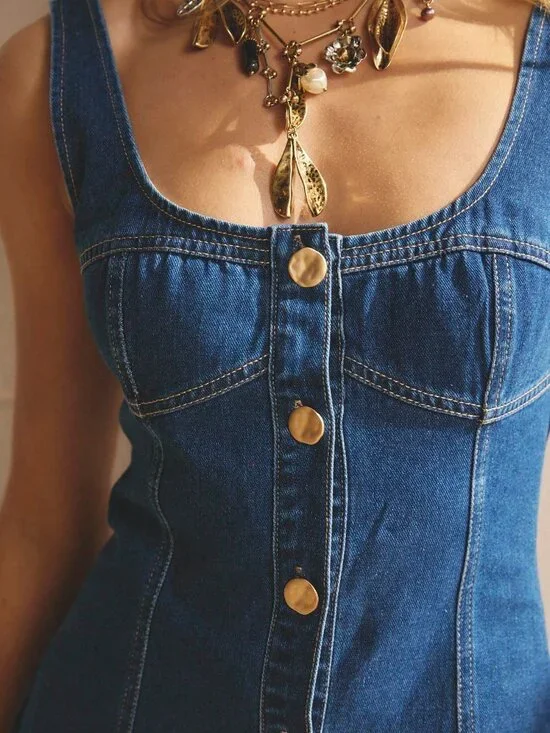Blue Casual Women's Button Front Bodycon Square Neck Denim Mini Vacation Dress - Picture 9 of 9